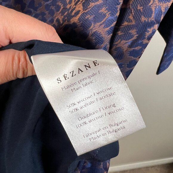 Sezane Auberie Babydoll Dress Size 38 US 6 Blue Gold Ruffle Leopard Drop Waist - Picture 10 of 11